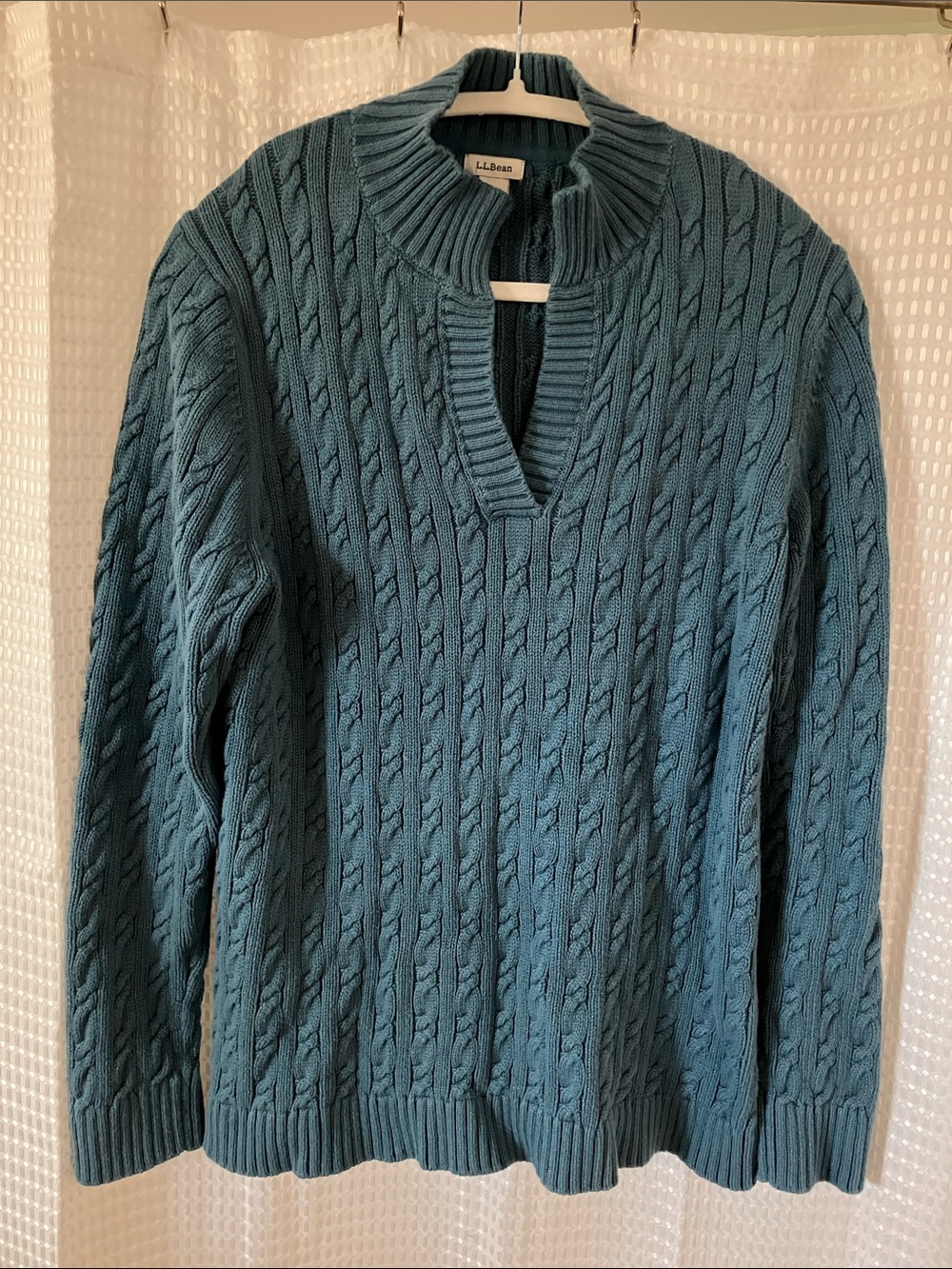 L.L.Bean Blue 100% Cotton Cable Knit Fisherman Sweater Women's Large